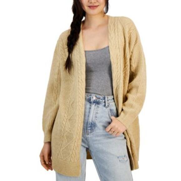 Hooked Up by IOT Juniors Fisherman-Knit Open-Front Cardigan Cashmere Sand, Large - Picture 1 of 1